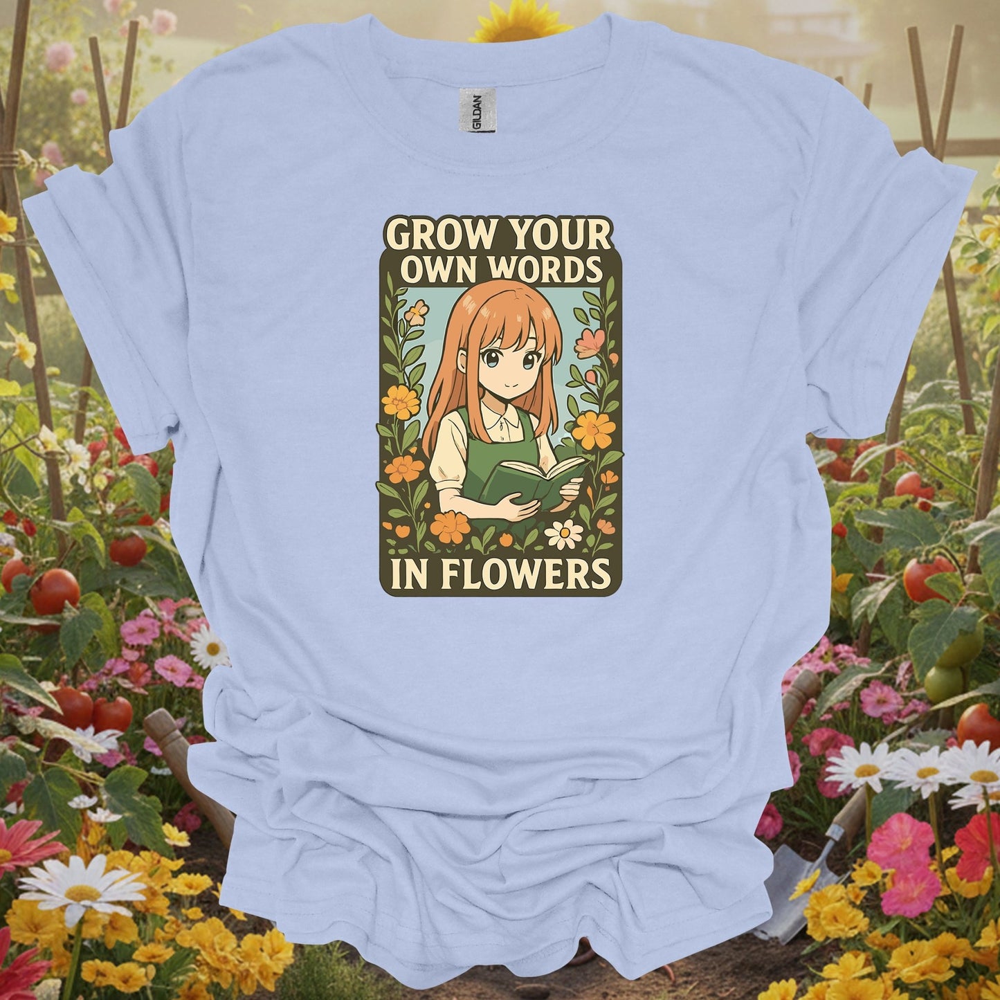 Light Blue tee with a vibrant nostalgic garden warmth illustration of a girl reading for mindful growers