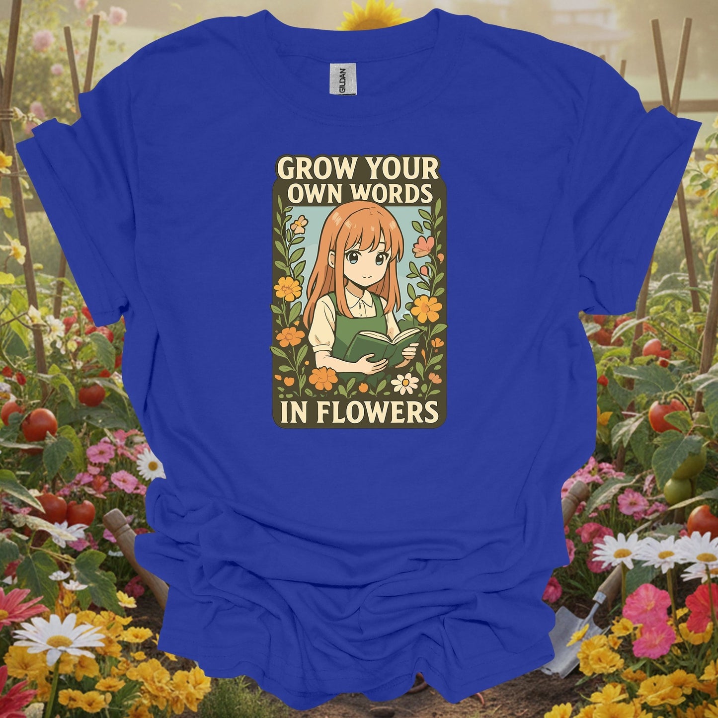 Royal T-shirt with sophisticated hand-drawn art of a gardener girl reading for hobby farmers