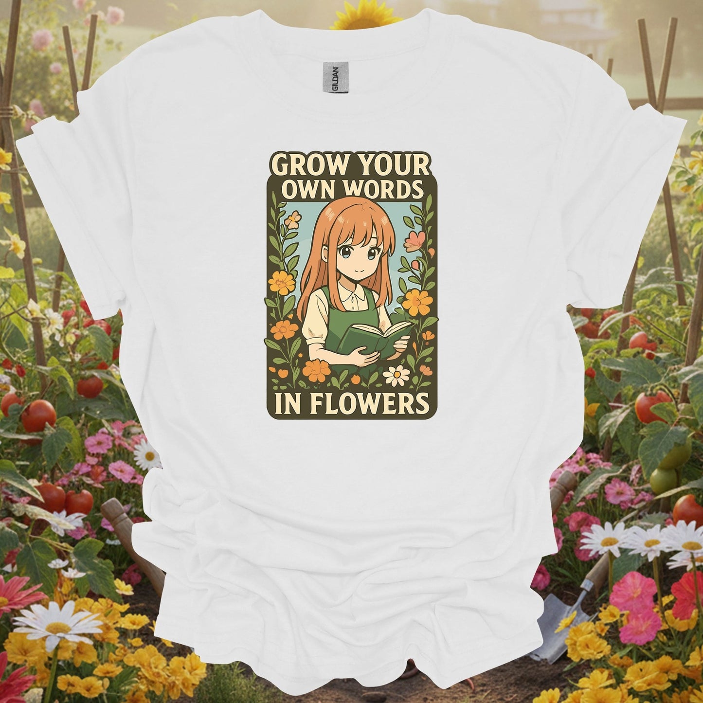 White tee with a playful narrative layout showing a girl reading in her garden sanctuary for book-loving gardeners