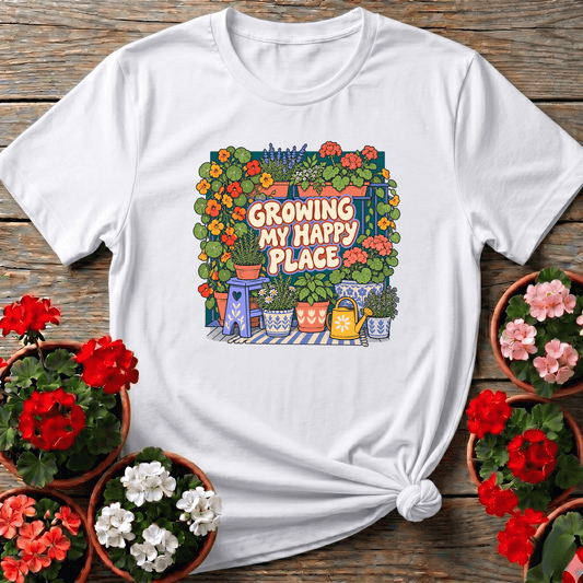 White retro illustrated garden shirt "Growing My Happy Place" for cottagecore plant collectors