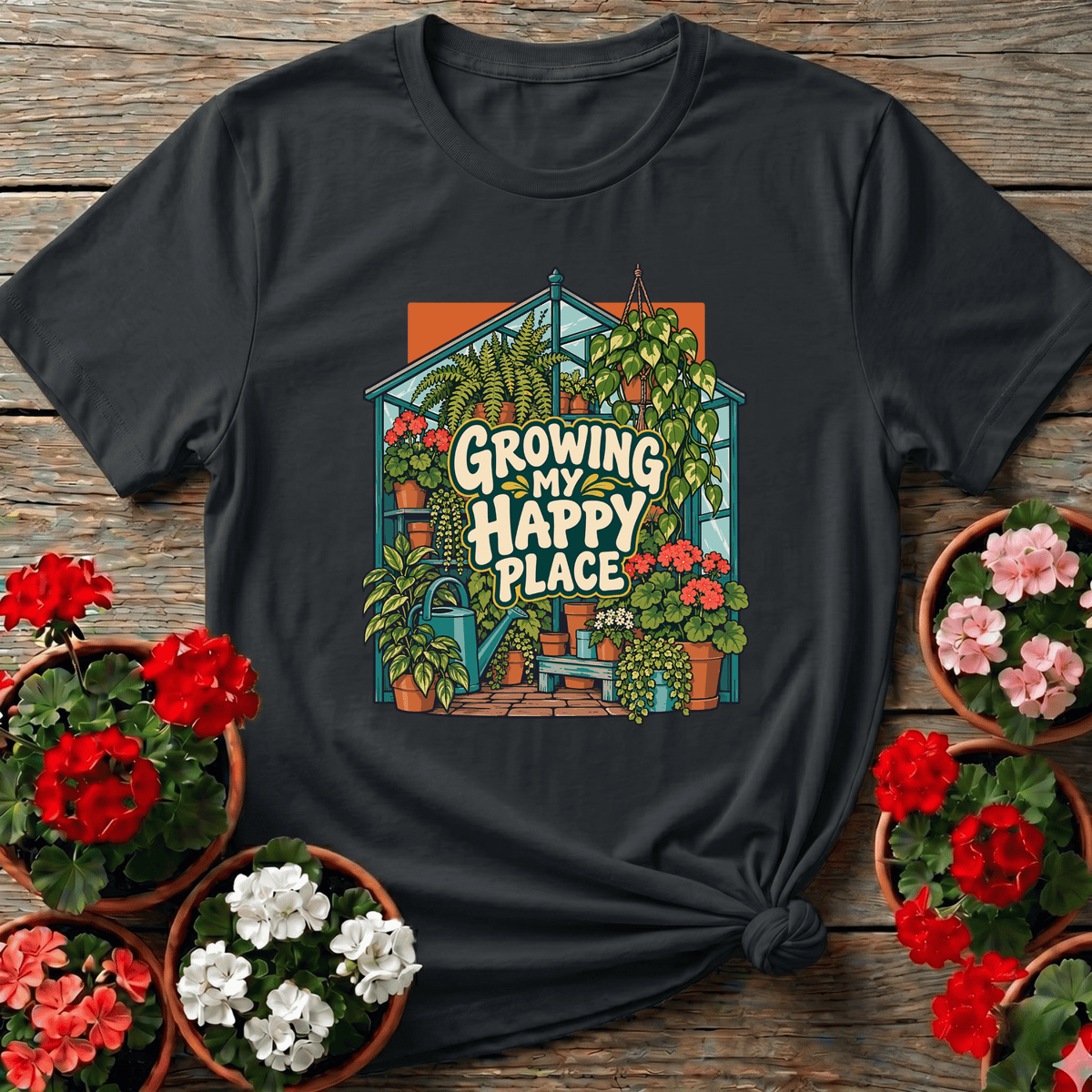 Black cottagecore greenhouse gardening tee with "Growing My Happy Place" for plant collectors