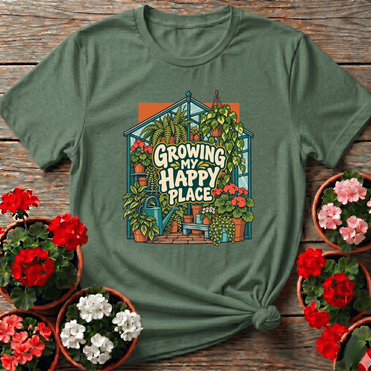 Military Green cottagecore greenhouse illustration shirt with "Growing My Happy Place" for plant gardeners