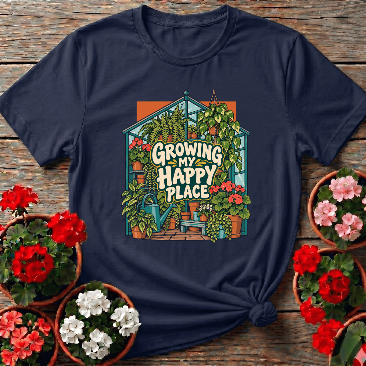 Navy lush greenhouse illustration gardening tee with "Growing My Happy Place" for cottagecore gardeners
