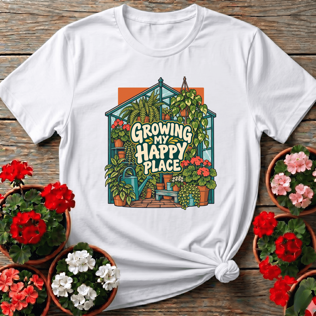 White retro botanical greenhouse shirt with "Growing My Happy Place" for plant lovers