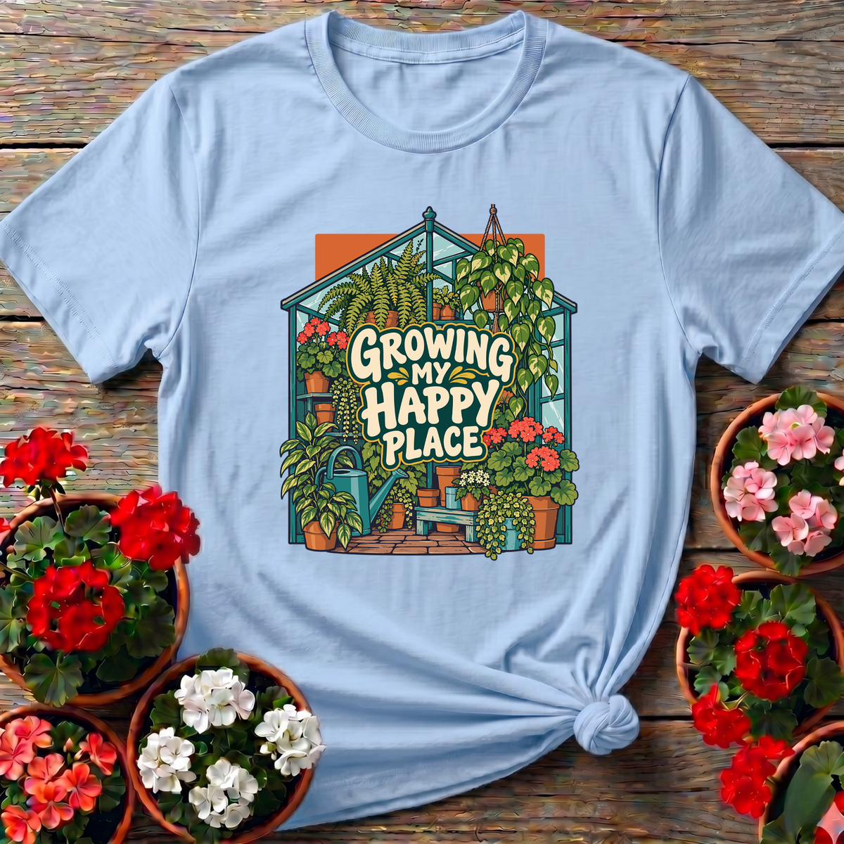 Light Blue vintage greenhouse botanical tee with "Growing My Happy Place" for gardening plant lovers