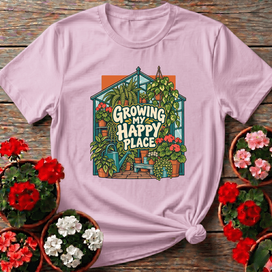 Light Pink retro lush greenhouse tee with "Growing My Happy Place" for plant lovers and gardeners