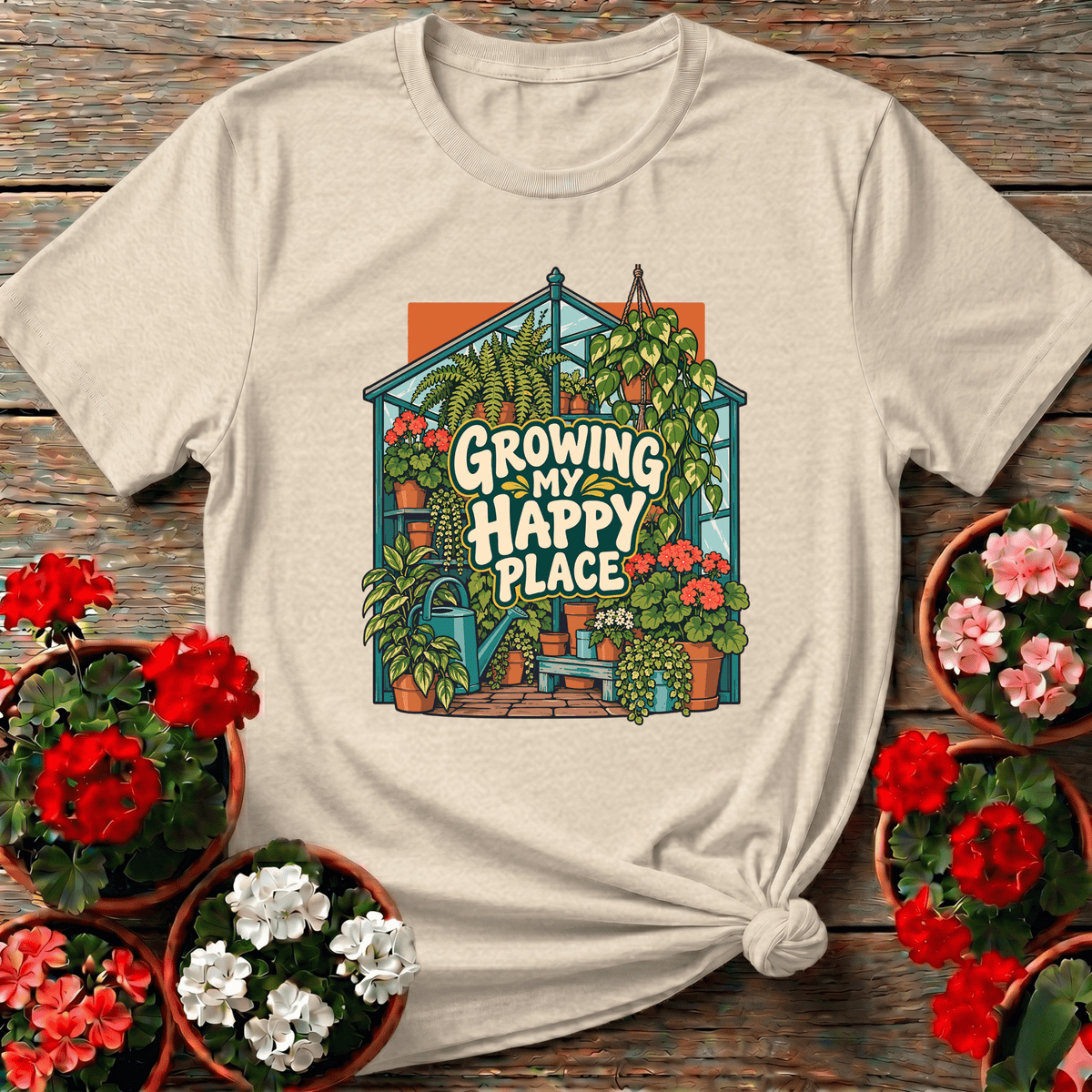 Natural earthy botanical greenhouse gardening top with "Growing My Happy Place" for plant collectors