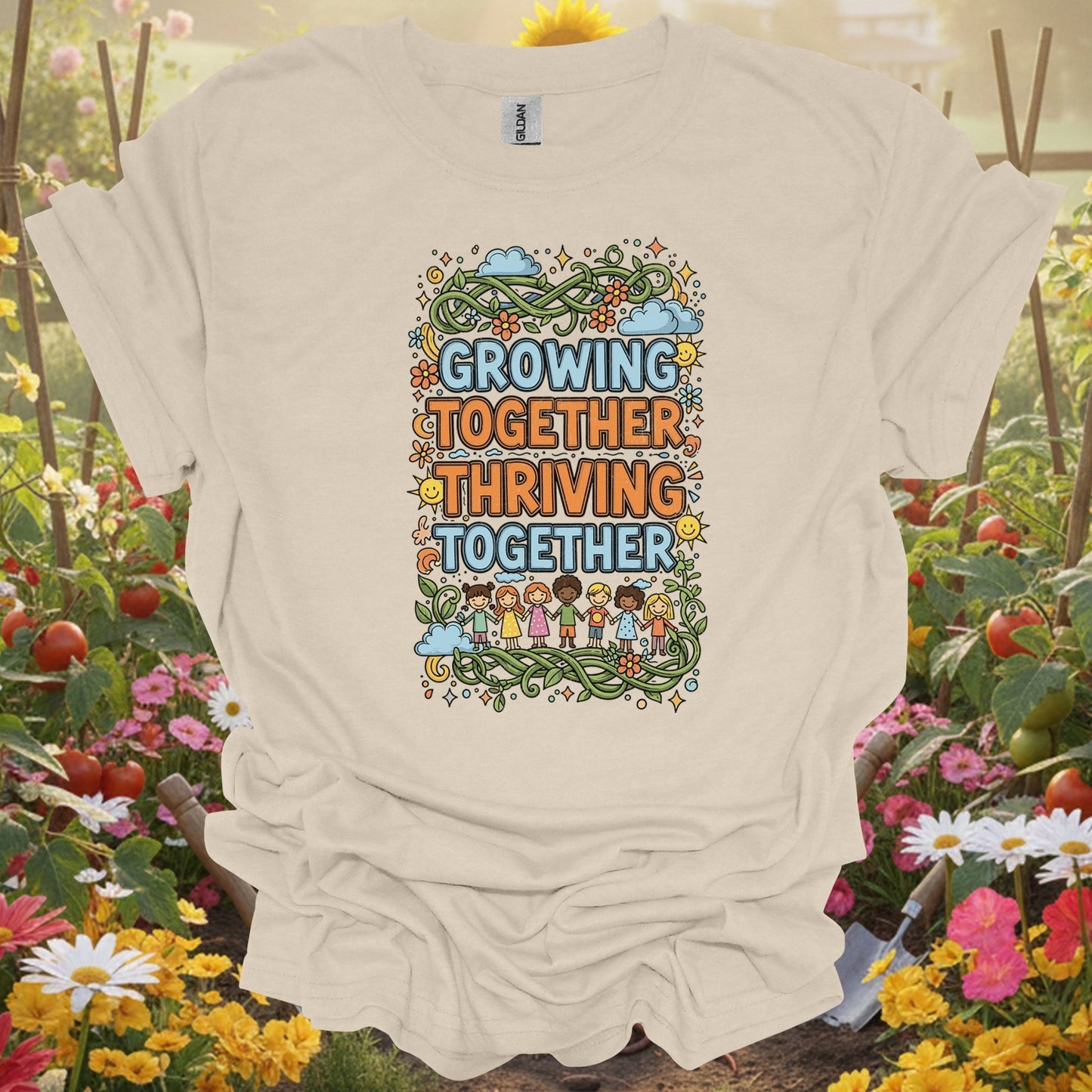 "Growing Together Thriving Together" Community Gardening T-Shirt - GardeningTshirts