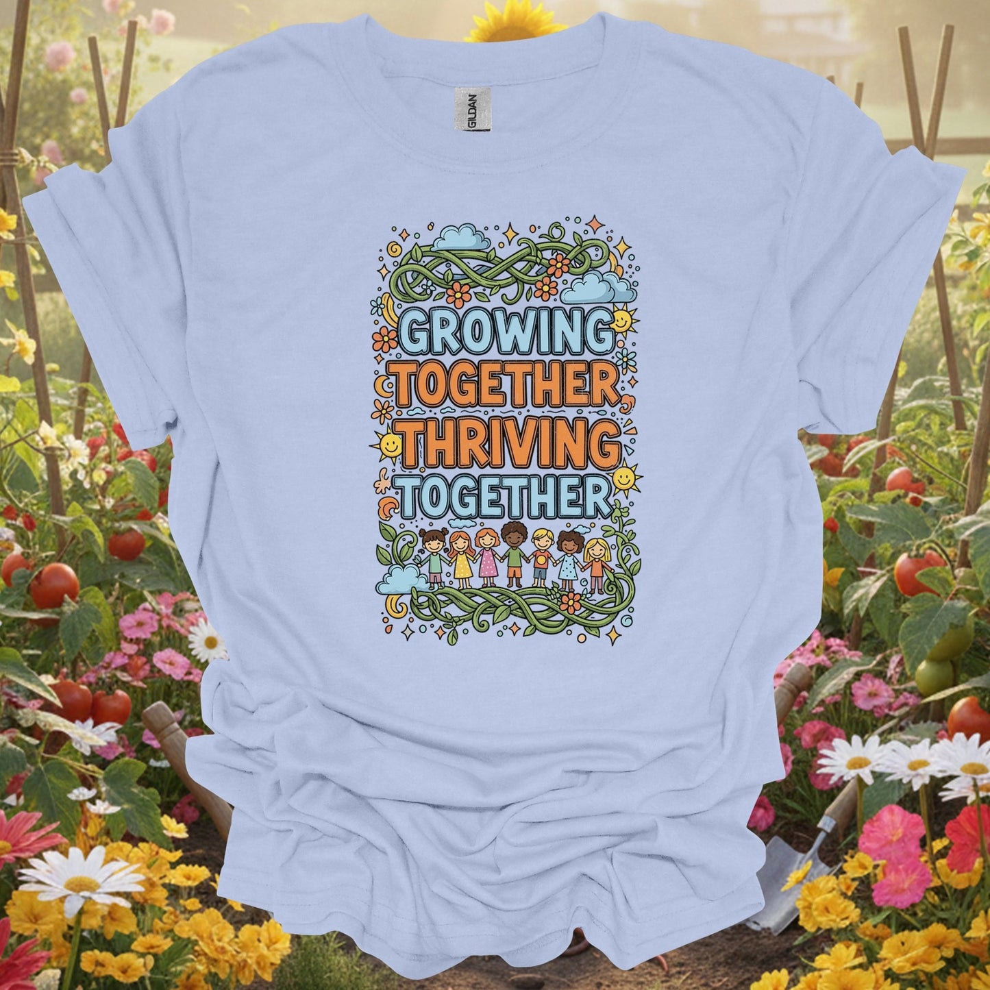 "Growing Together Thriving Together" Community Gardening T-Shirt - GardeningTshirts