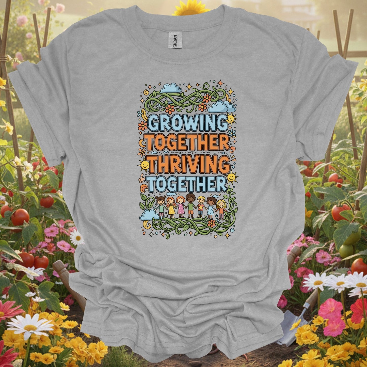 "Growing Together Thriving Together" Community Gardening T-Shirt - GardeningTshirts