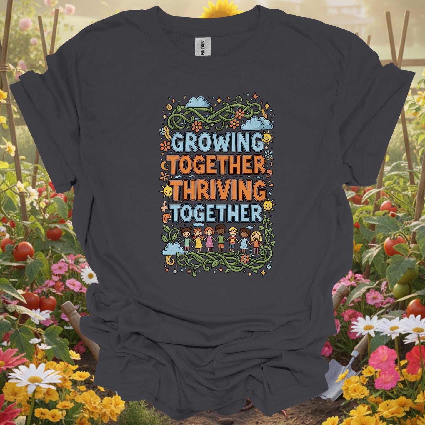 "Growing Together Thriving Together" Community Gardening T-Shirt - GardeningTshirts