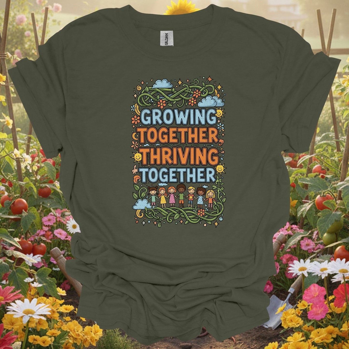 "Growing Together Thriving Together" Community Gardening T-Shirt - GardeningTshirts