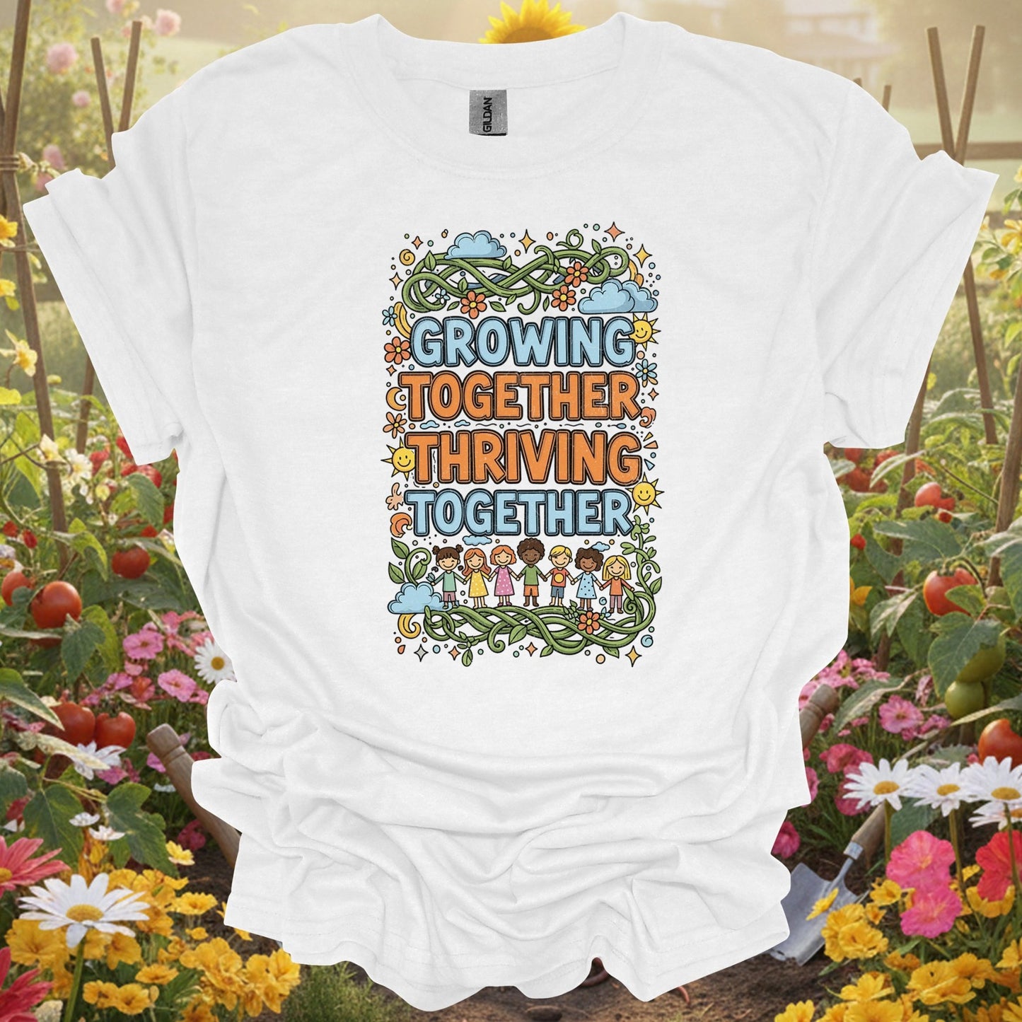 "Growing Together Thriving Together" Community Gardening T-Shirt - GardeningTshirts