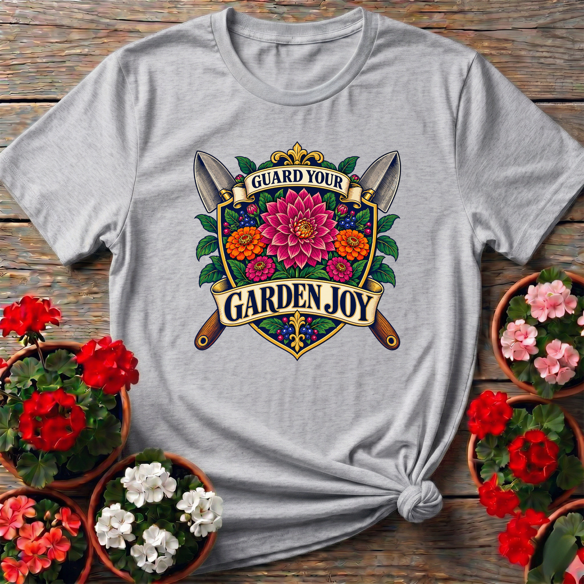 Guard Your Garden Joy Floral Crest Gardening T-Shirt - GardeningTshirts