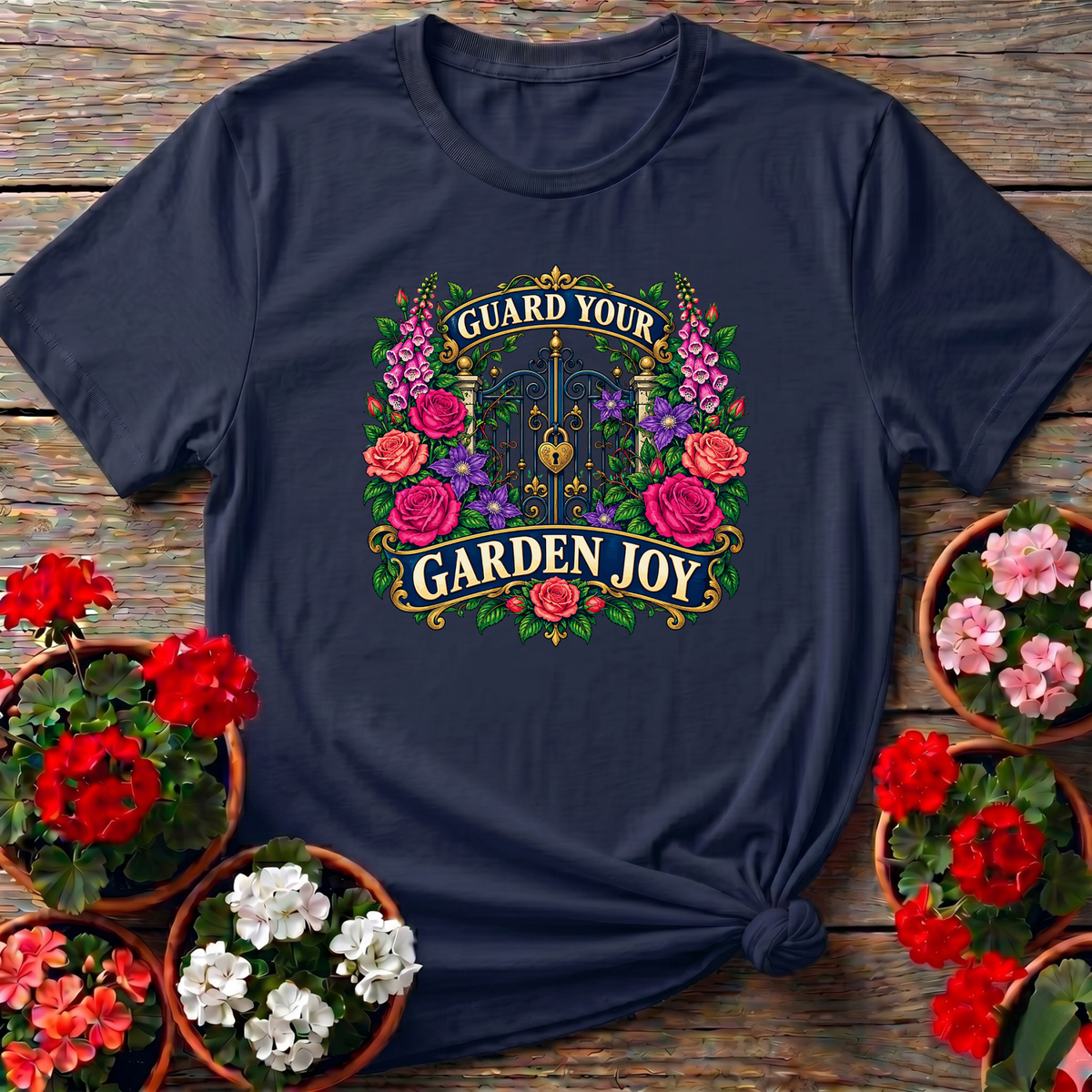 Guard Your Garden Joy Floral Gate Gardening T-Shirt - GardeningTshirts