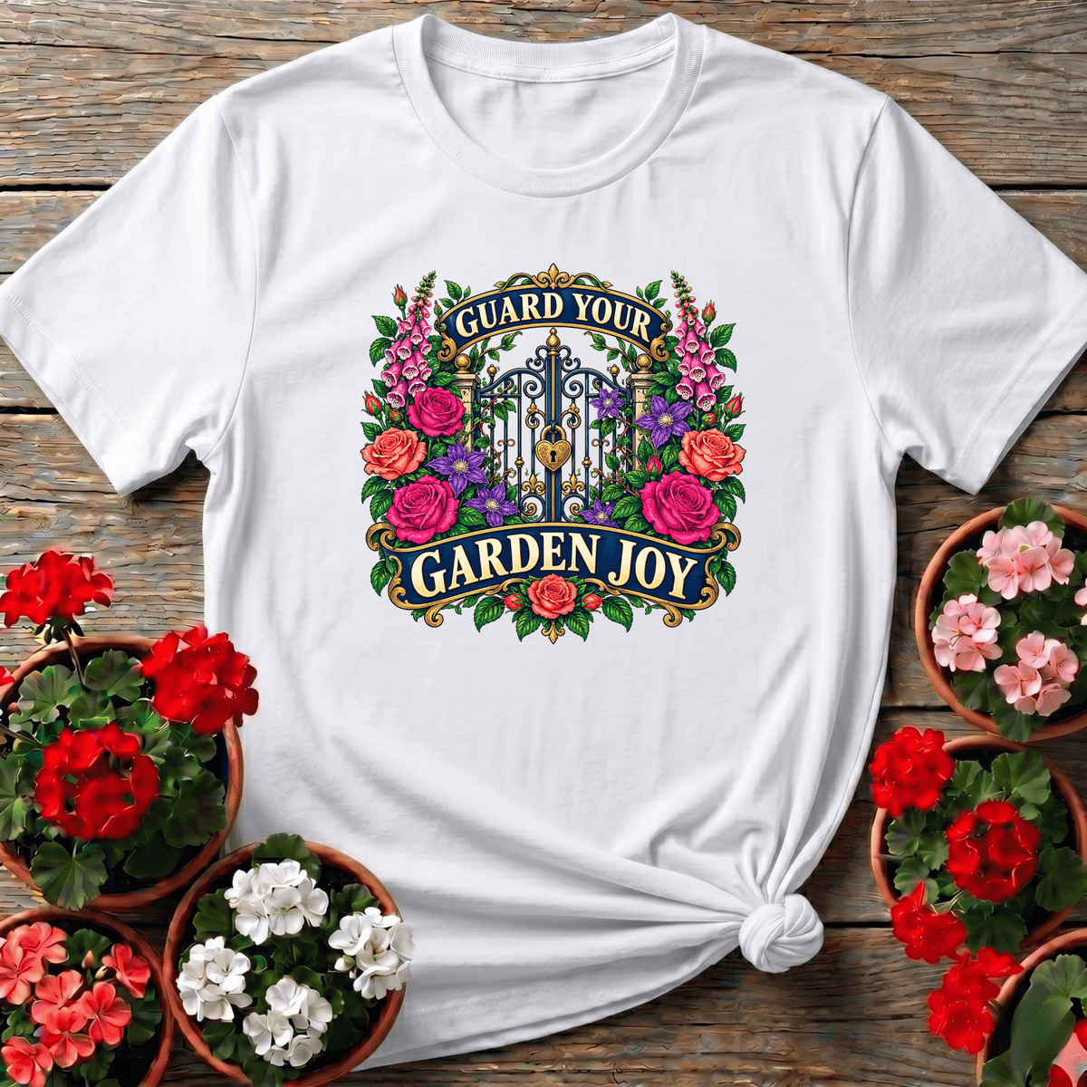 Guard Your Garden Joy Floral Gate Gardening T-Shirt - GardeningTshirts