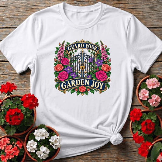 White cottagecore floral garden gate shirt with "Guard Your Garden Joy" roses and foxglove design for plant enthusiasts