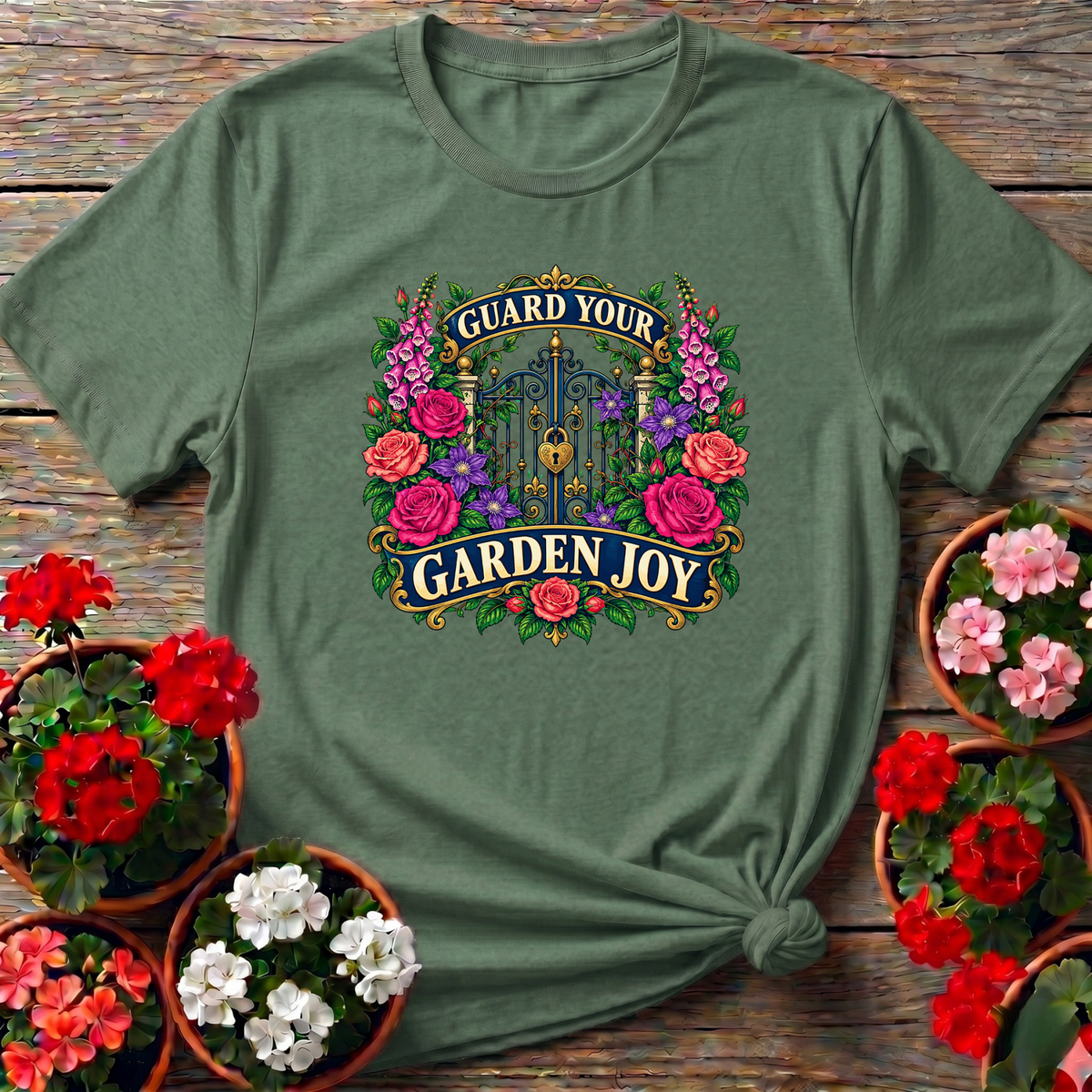 Guard Your Garden Joy Floral Gate Gardening T-Shirt - GardeningTshirts