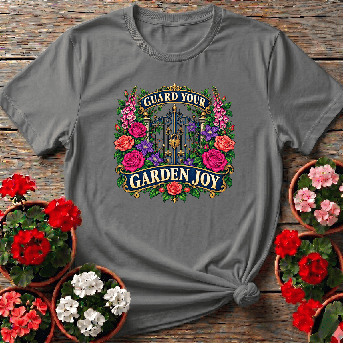 Guard Your Garden Joy Floral Gate Gardening T-Shirt - GardeningTshirts