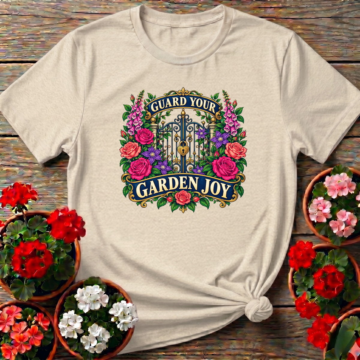 Guard Your Garden Joy Floral Gate Gardening T-Shirt - GardeningTshirts