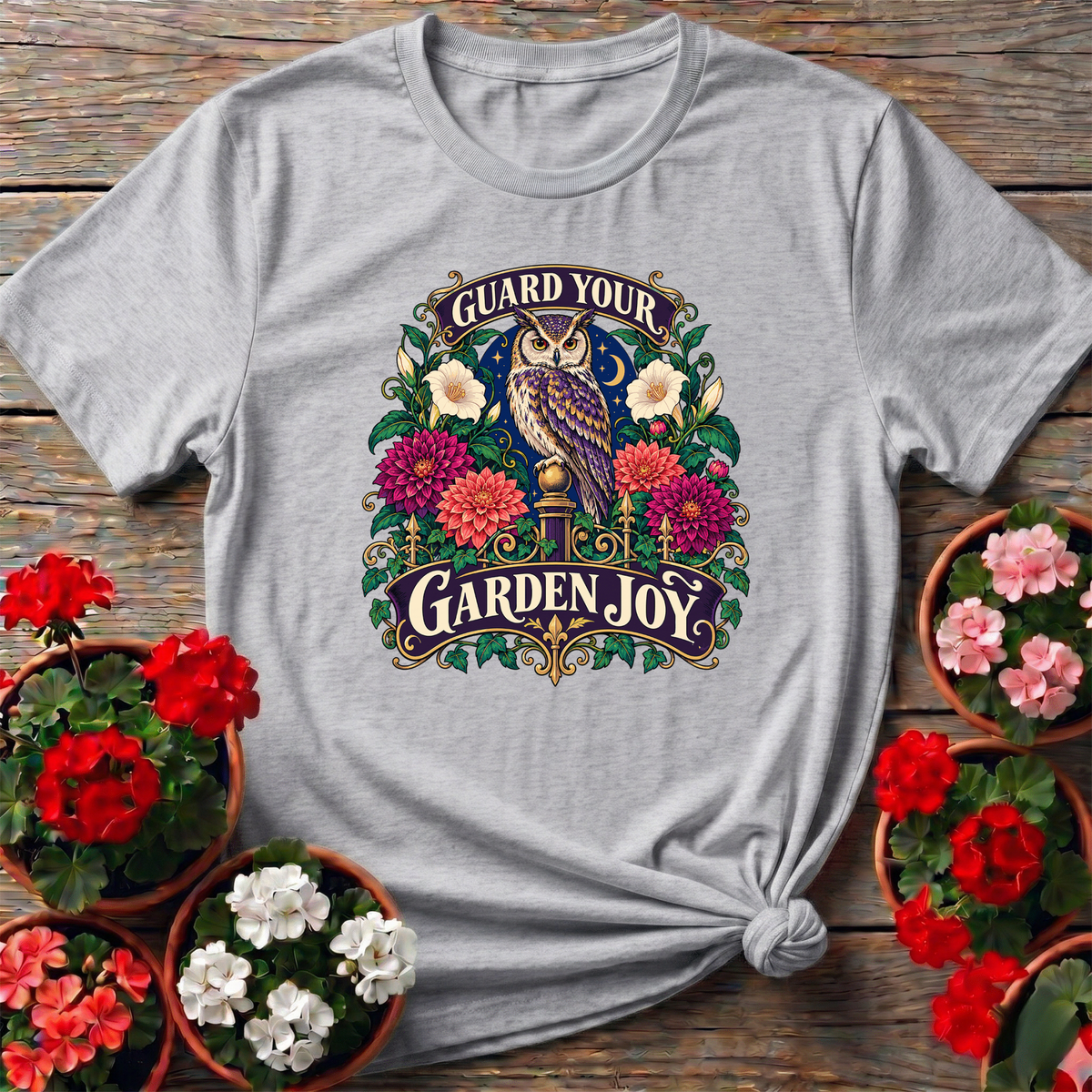 Guard Your Garden Joy Owl Floral Gardening T-Shirt - GardeningTshirts