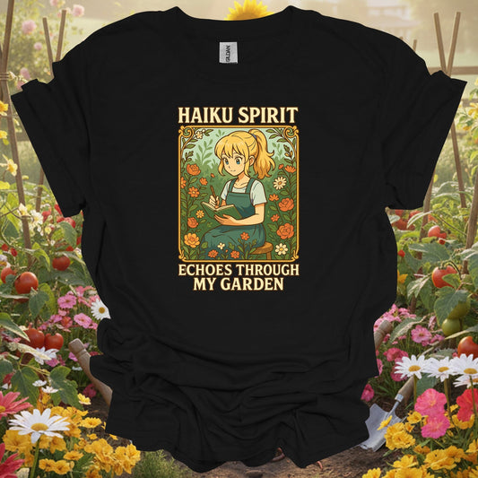 Black tshirt showing haiku spirit echoes inspirational floral for gardening enthusiasts