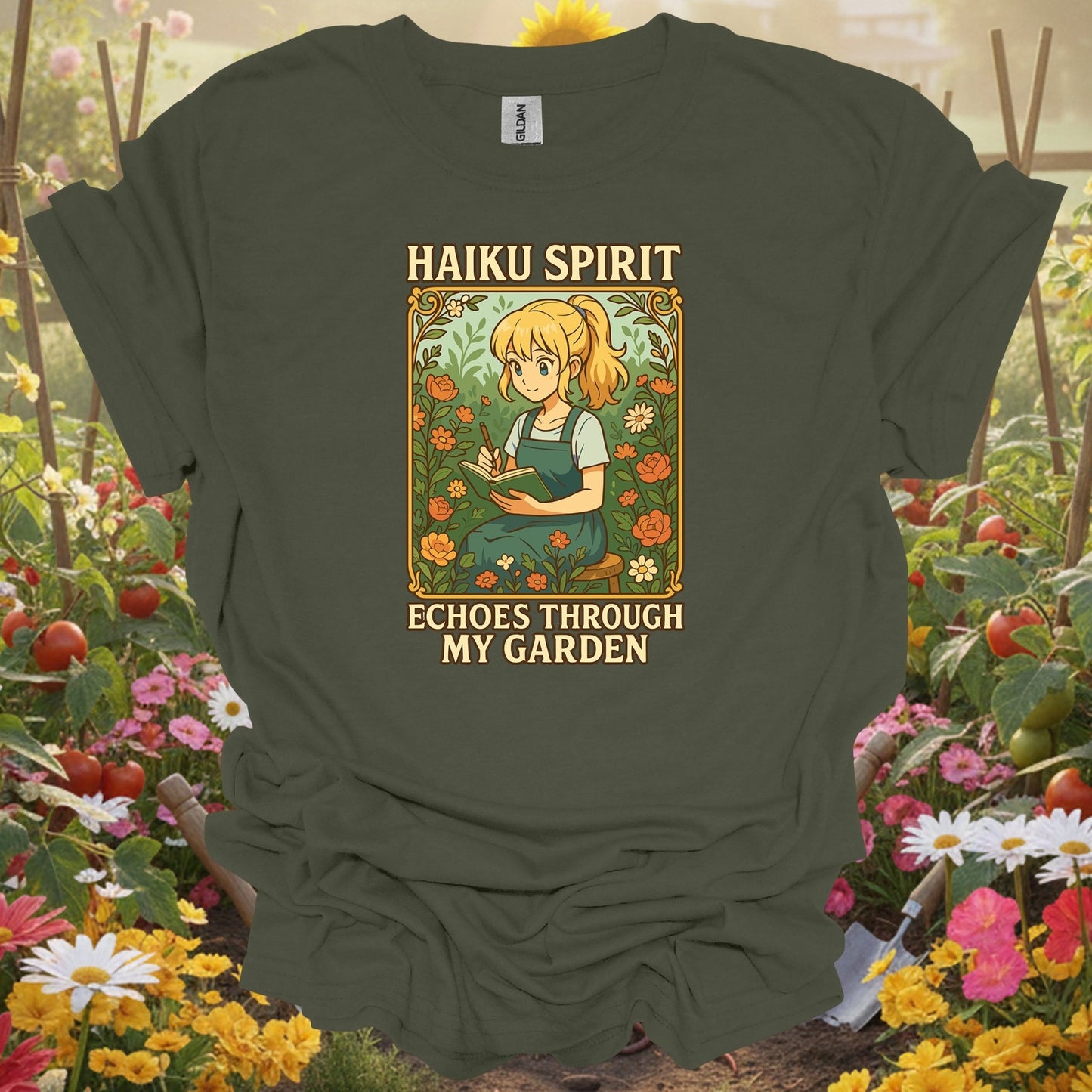 Military Green top showing haiku spirit echoes inspirational floral for nature lovers