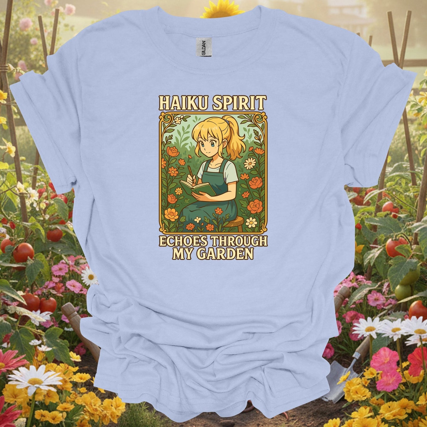 Light Blue shirt showing haiku spirit echoes inspirational floral for home gardeners