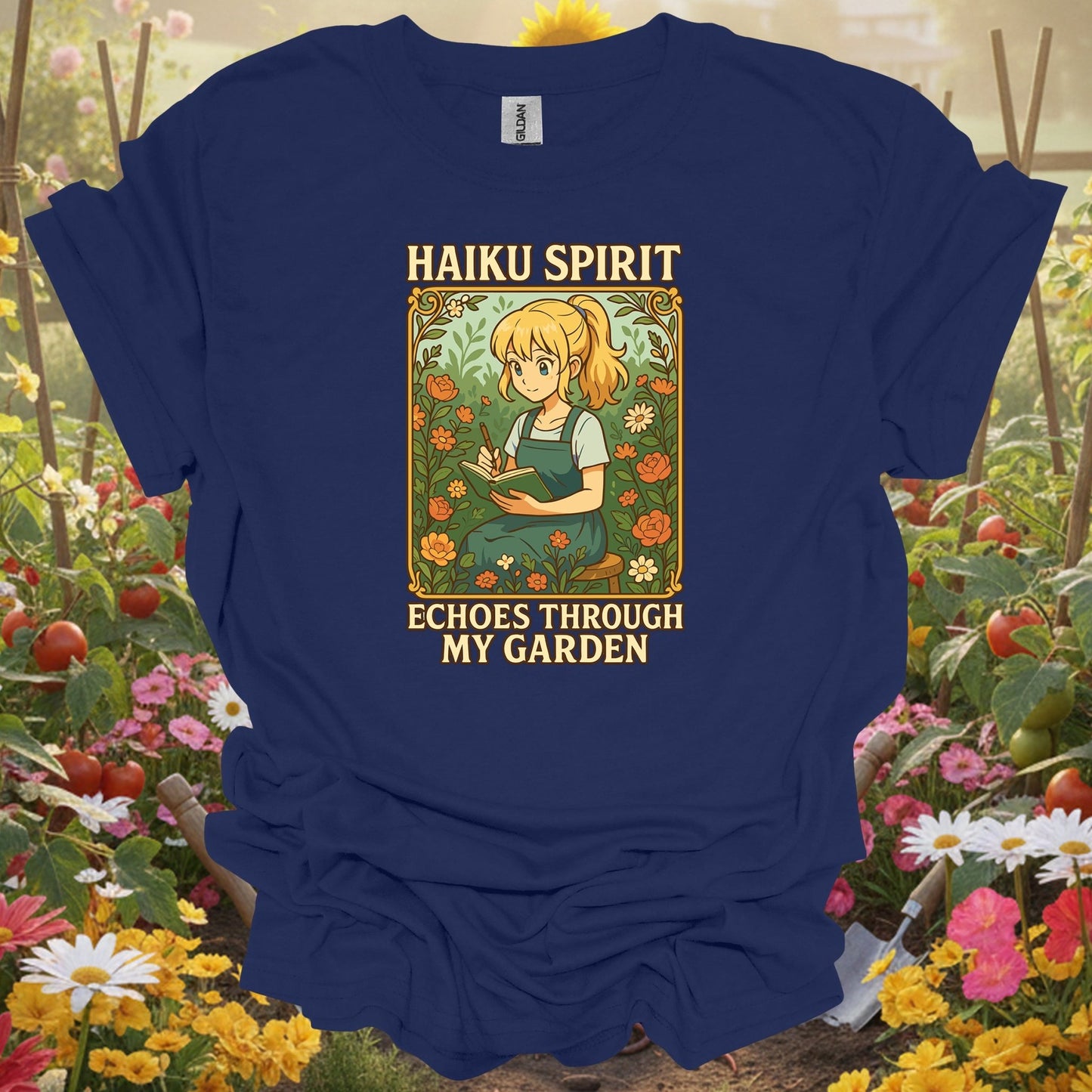 Navy top showing haiku spirit echoes inspirational floral for green thumb folks