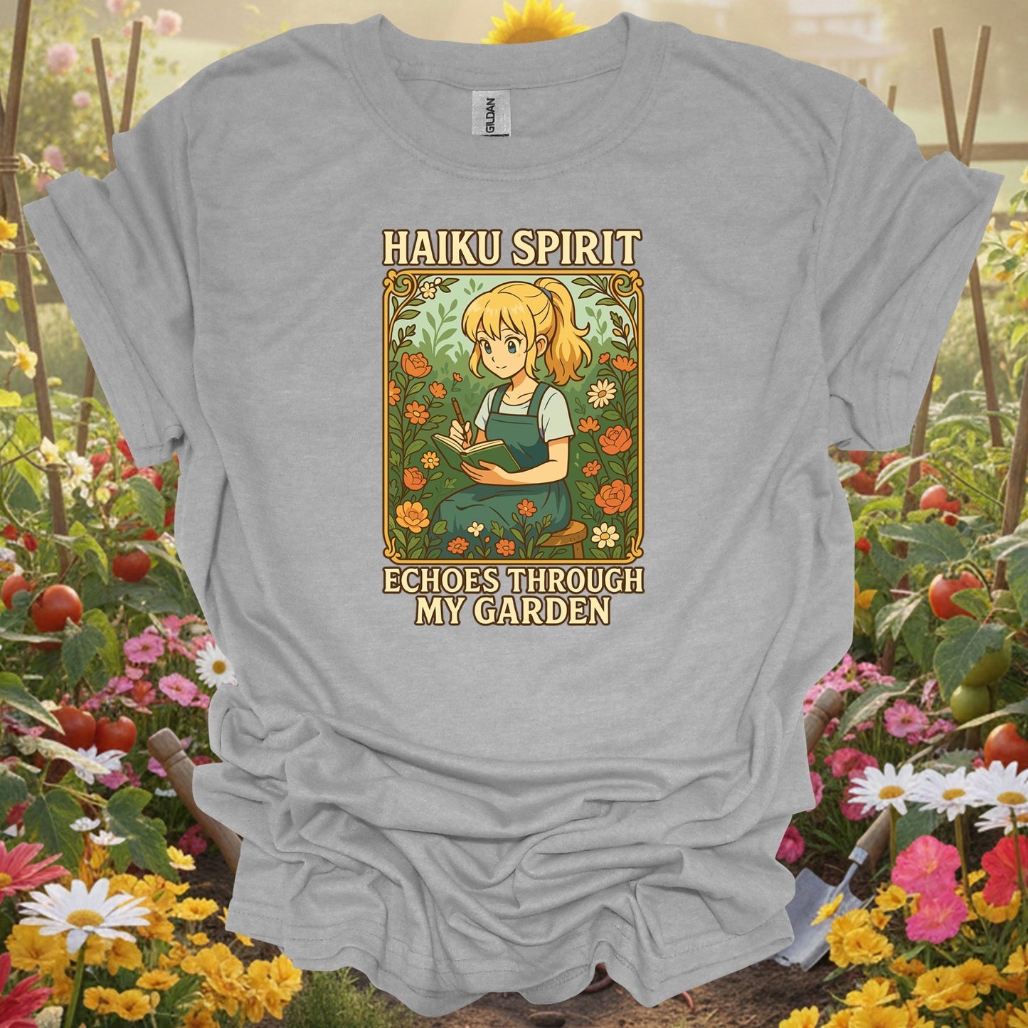 Sport Grey tee showing haiku spirit echoes inspirational floral for garden hobbyists