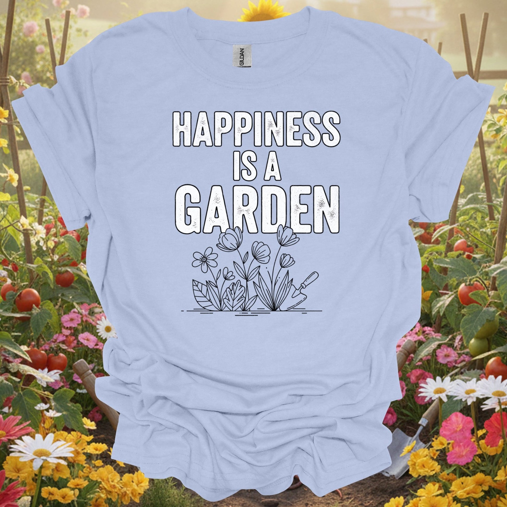 "Happiness Is A Garden" Vintage Floral Line Art Distressed Tee - GardeningTshirts