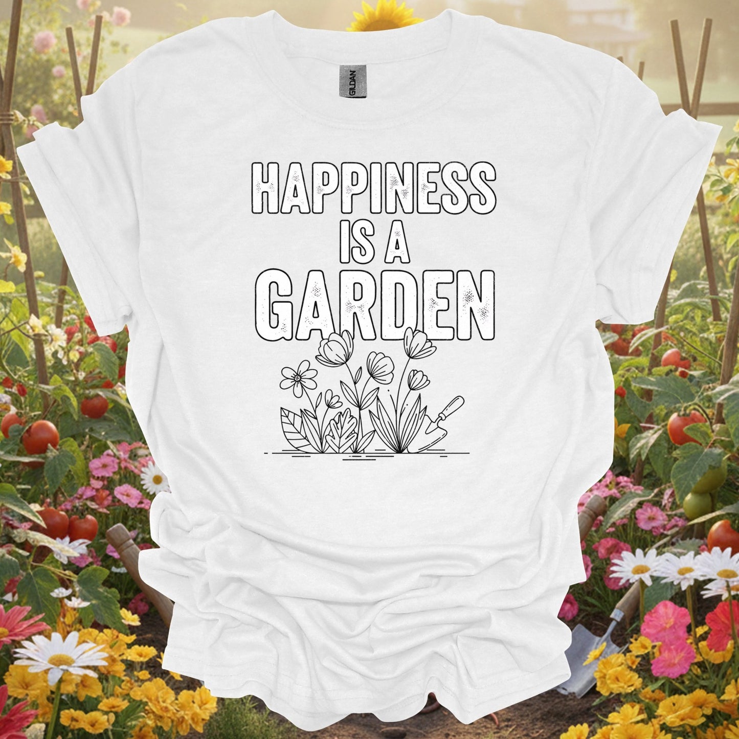 "Happiness Is A Garden" Vintage Floral Line Art Distressed Tee - GardeningTshirts
