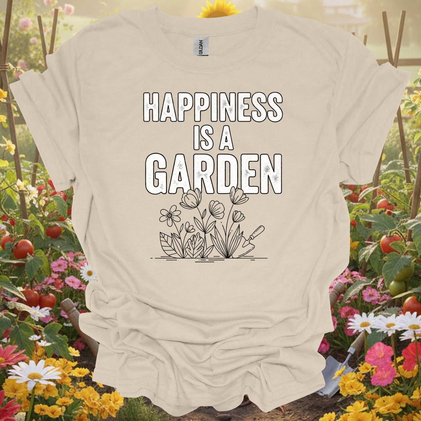 "Happiness Is A Garden" Vintage Floral Line Art Distressed Tee - GardeningTshirts