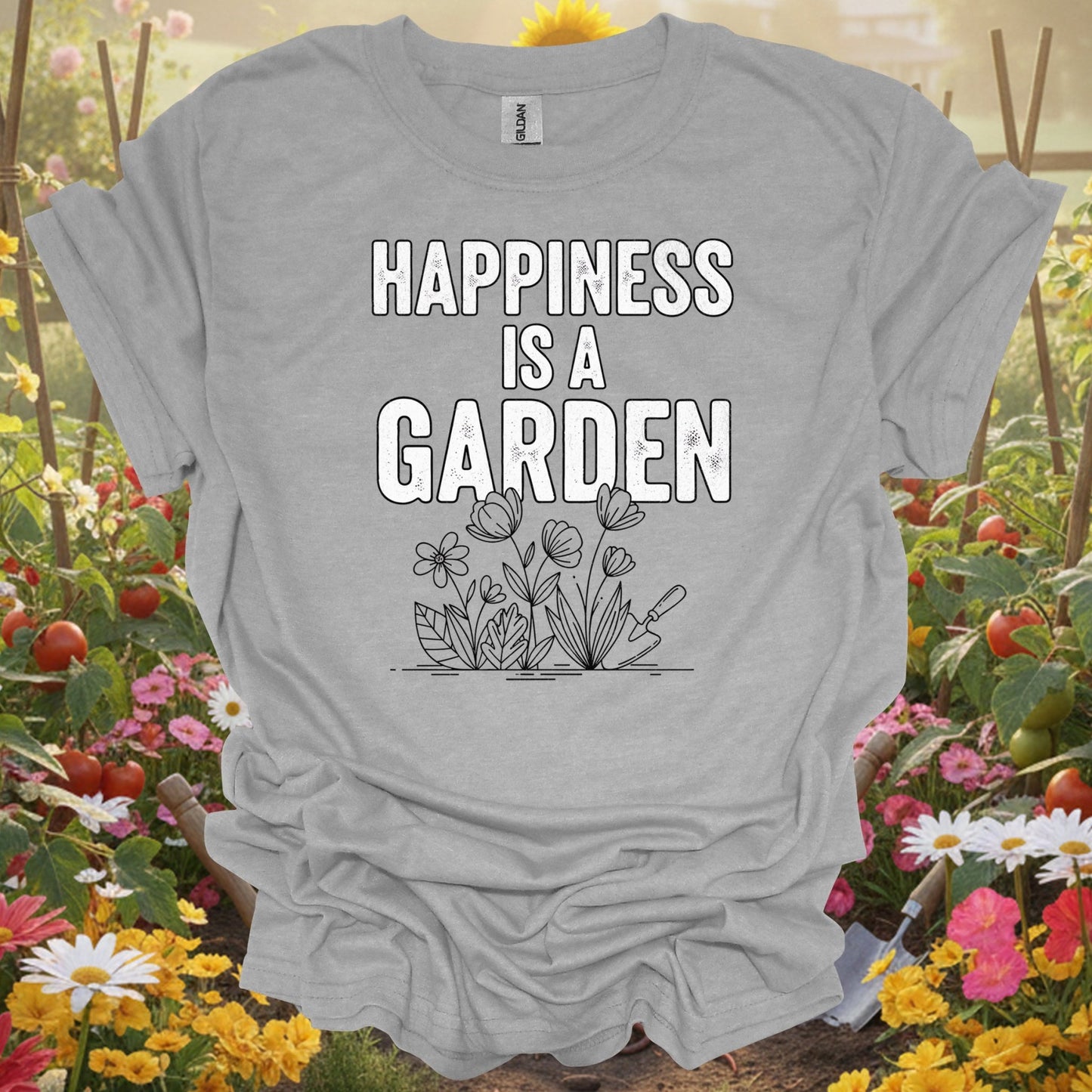 "Happiness Is A Garden" Vintage Floral Line Art Distressed Tee - GardeningTshirts