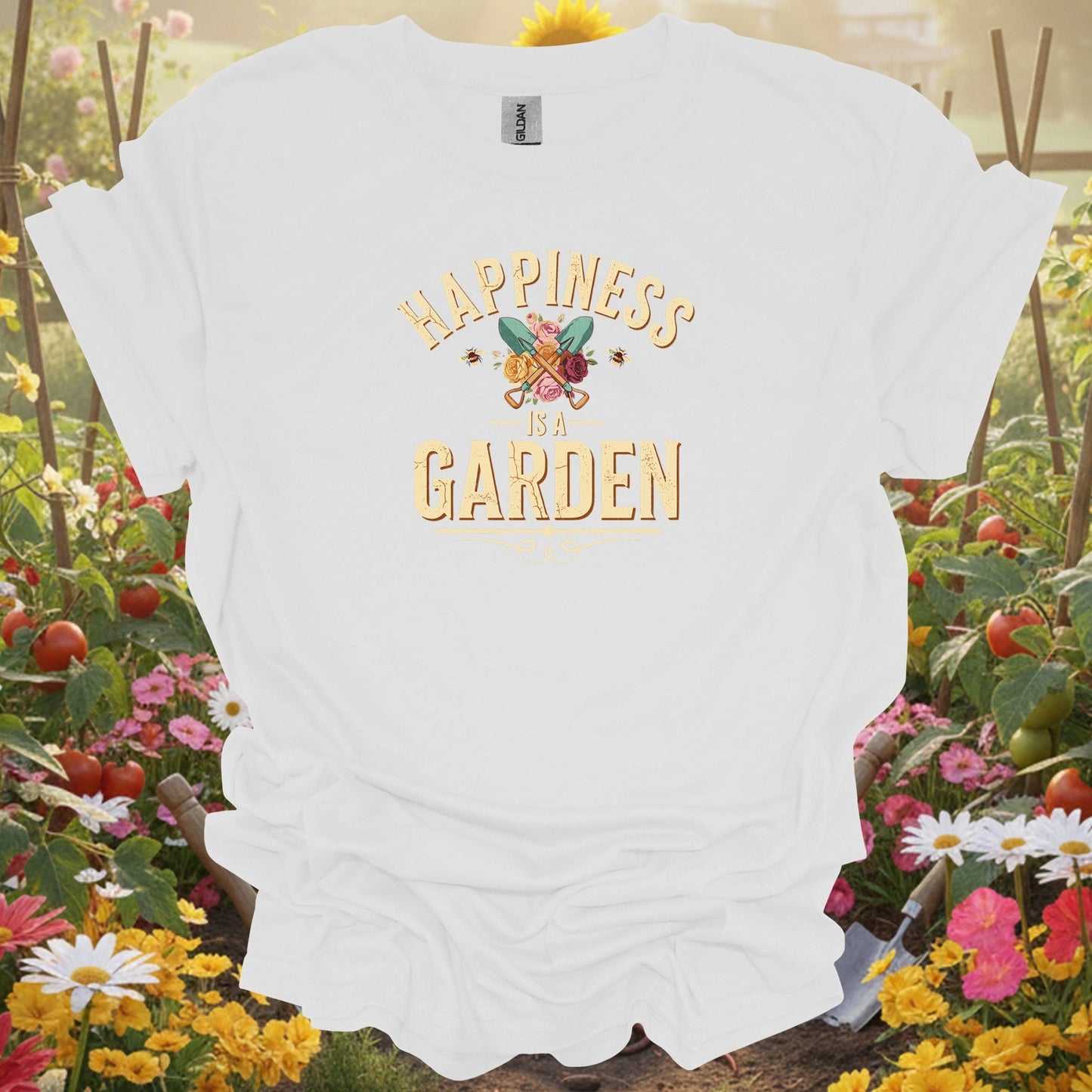 Military green happiness is a garden gardening shirt for mindful gardeners, vintage art fans, wellness seekers, nature lov...