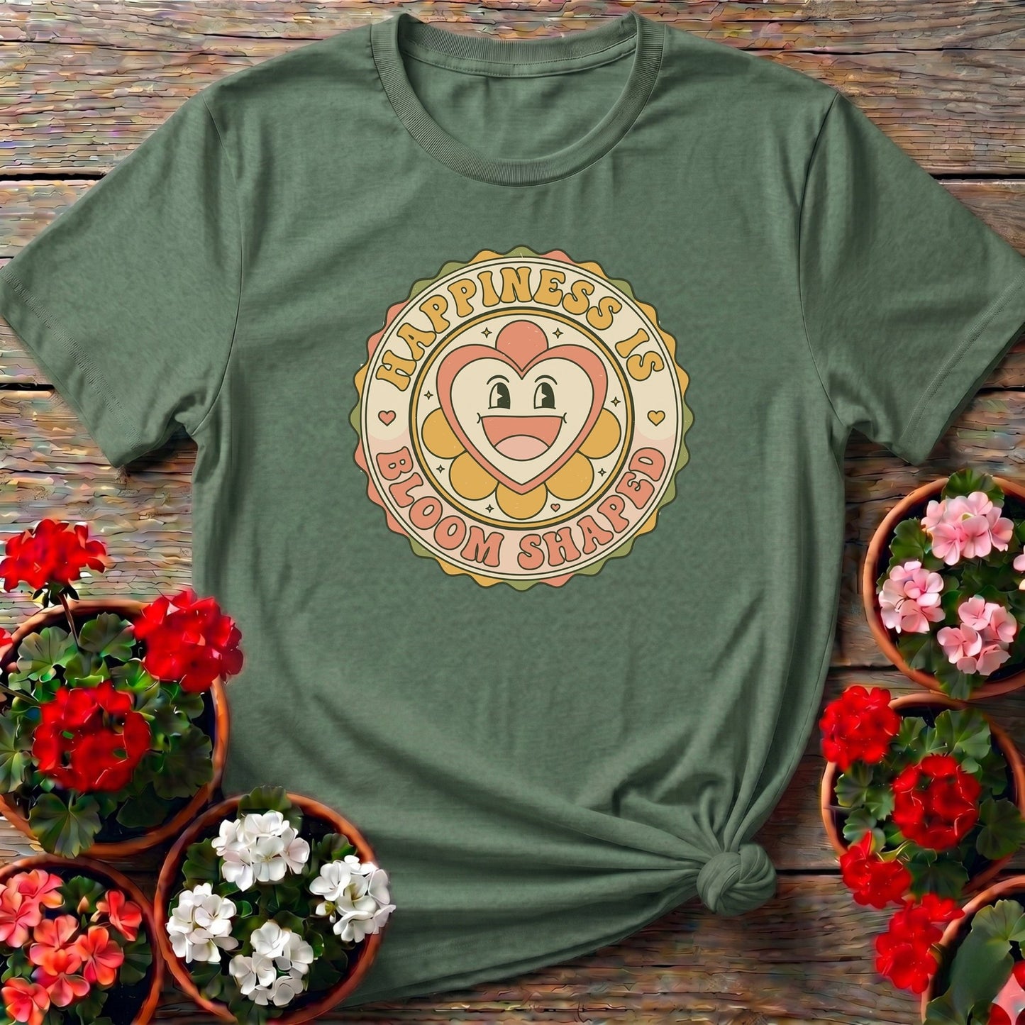 Happiness Is Bloom Shaped Retro Flower T-shirt - GardeningTshirts