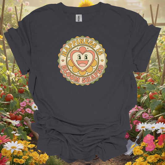 Charcoal tee showing happiness is bloom shaped retro flower for plant lovers