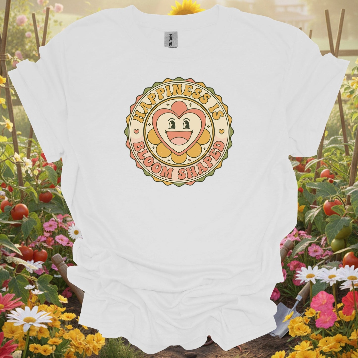 White shirt showing happiness is bloom shaped retro flower for outdoor enthusiasts