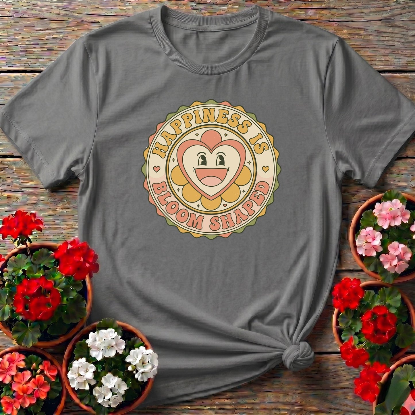 Happiness Is Bloom Shaped Retro Flower T-shirt - GardeningTshirts