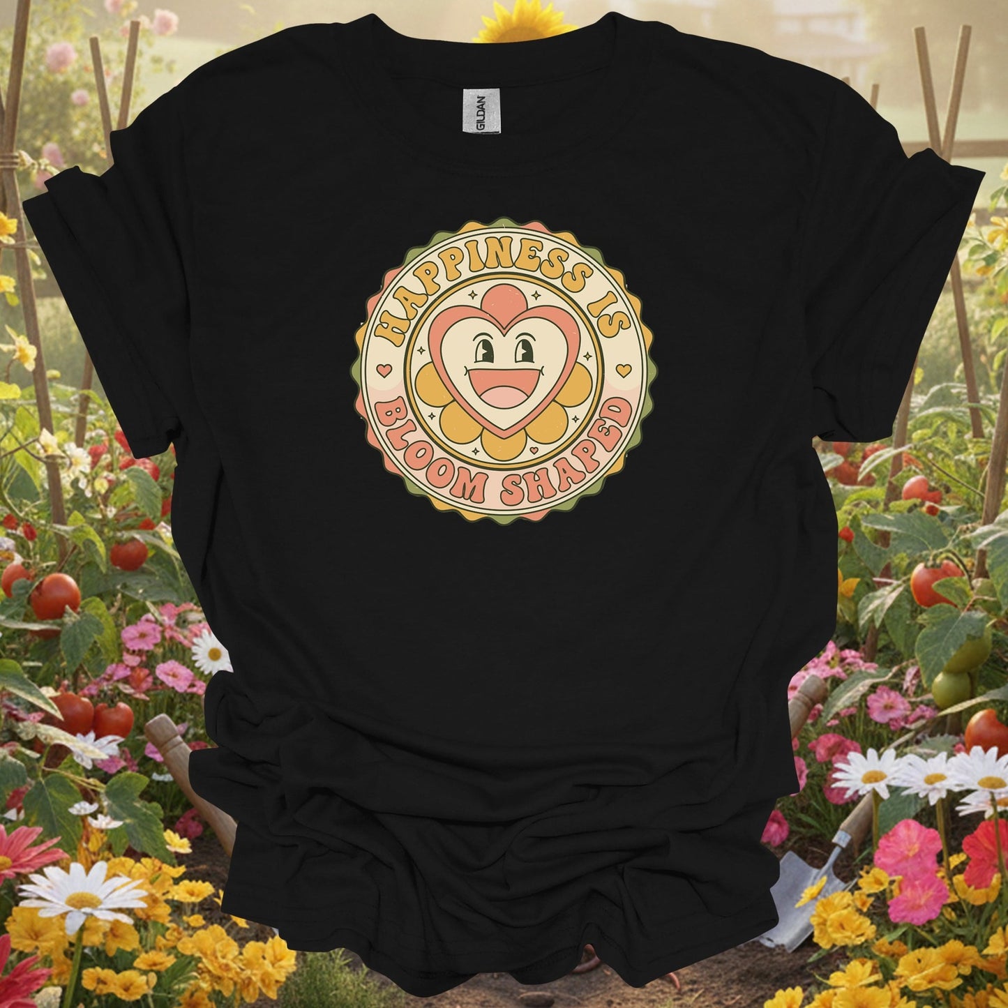 Black top showing happiness is bloom shaped retro flower for nature lovers