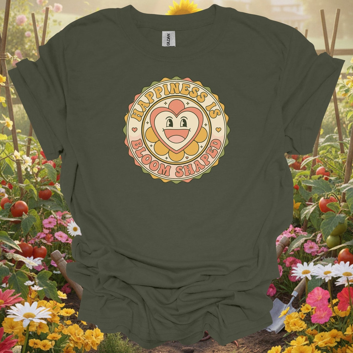 Military Green tshirt showing happiness is bloom shaped retro flower for people who love plants
