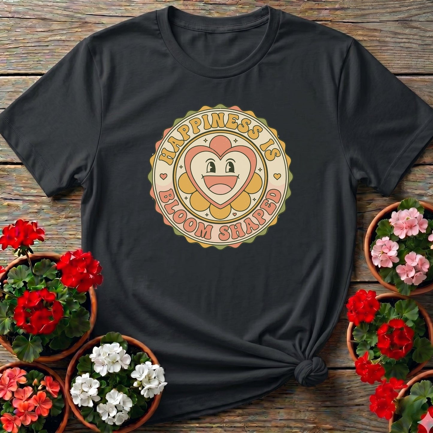 Happiness Is Bloom Shaped Retro Flower T-shirt - GardeningTshirts