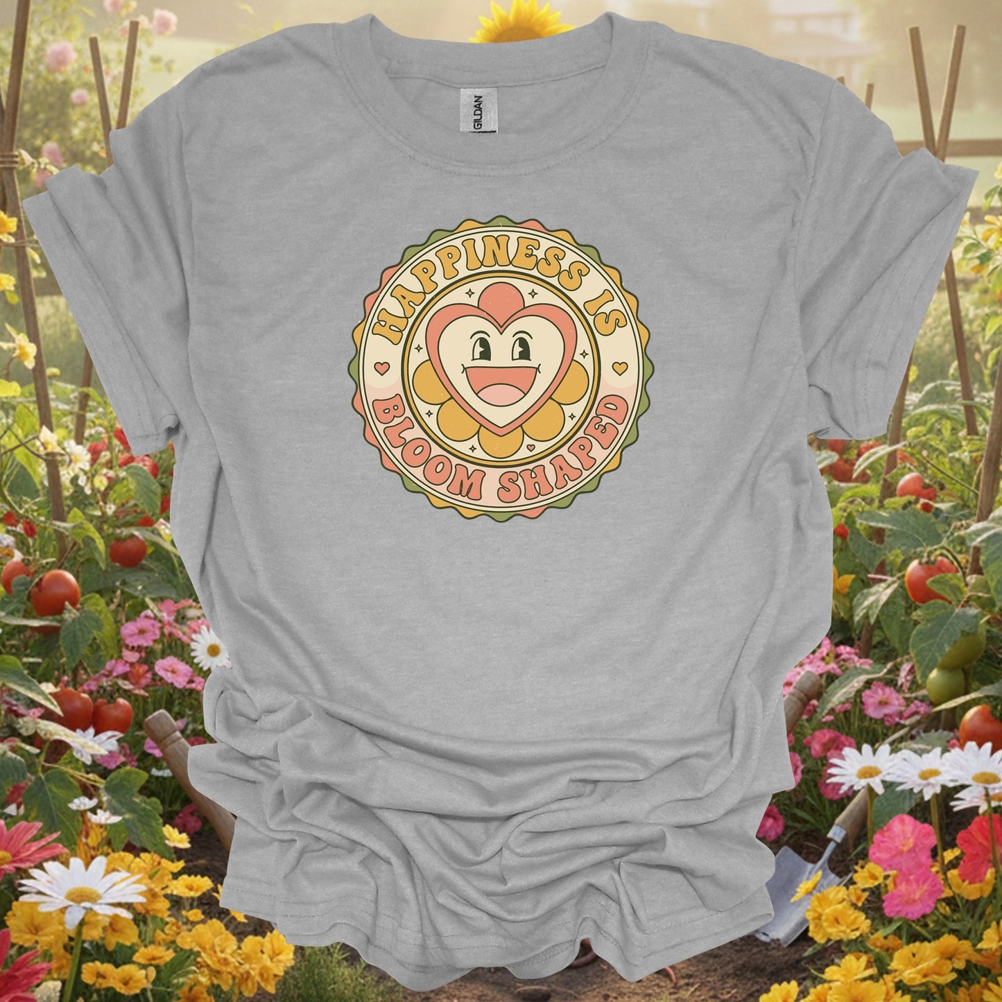 Sport Grey tee showing happiness is bloom shaped retro flower for garden hobbyists