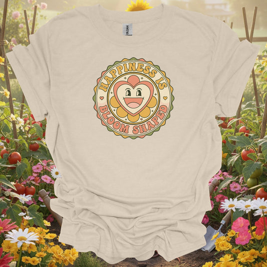 Natural tshirt showing happiness is bloom shaped retro flower for gardening enthusiasts
