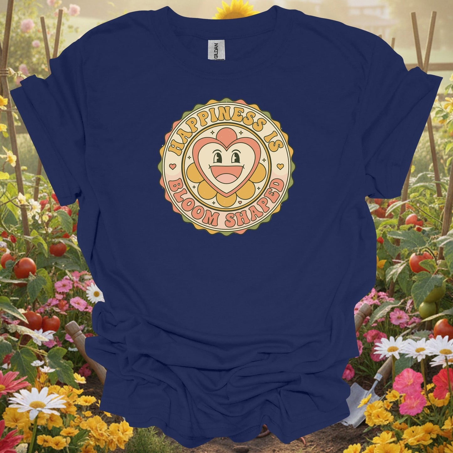 Navy top showing happiness is bloom shaped retro flower for green thumb folks