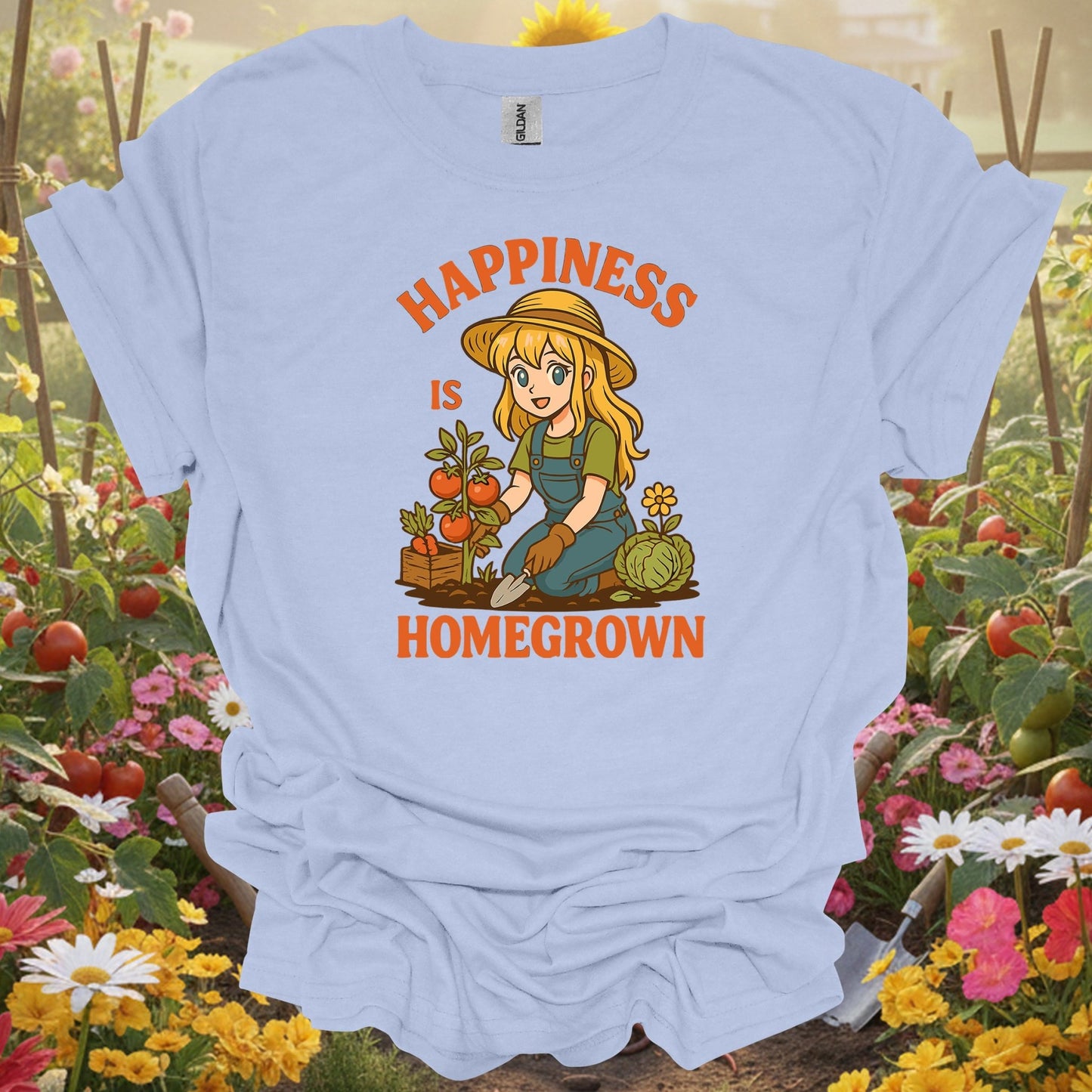 Light Blue shirt showing happiness is homegrown anime gardener for home gardeners