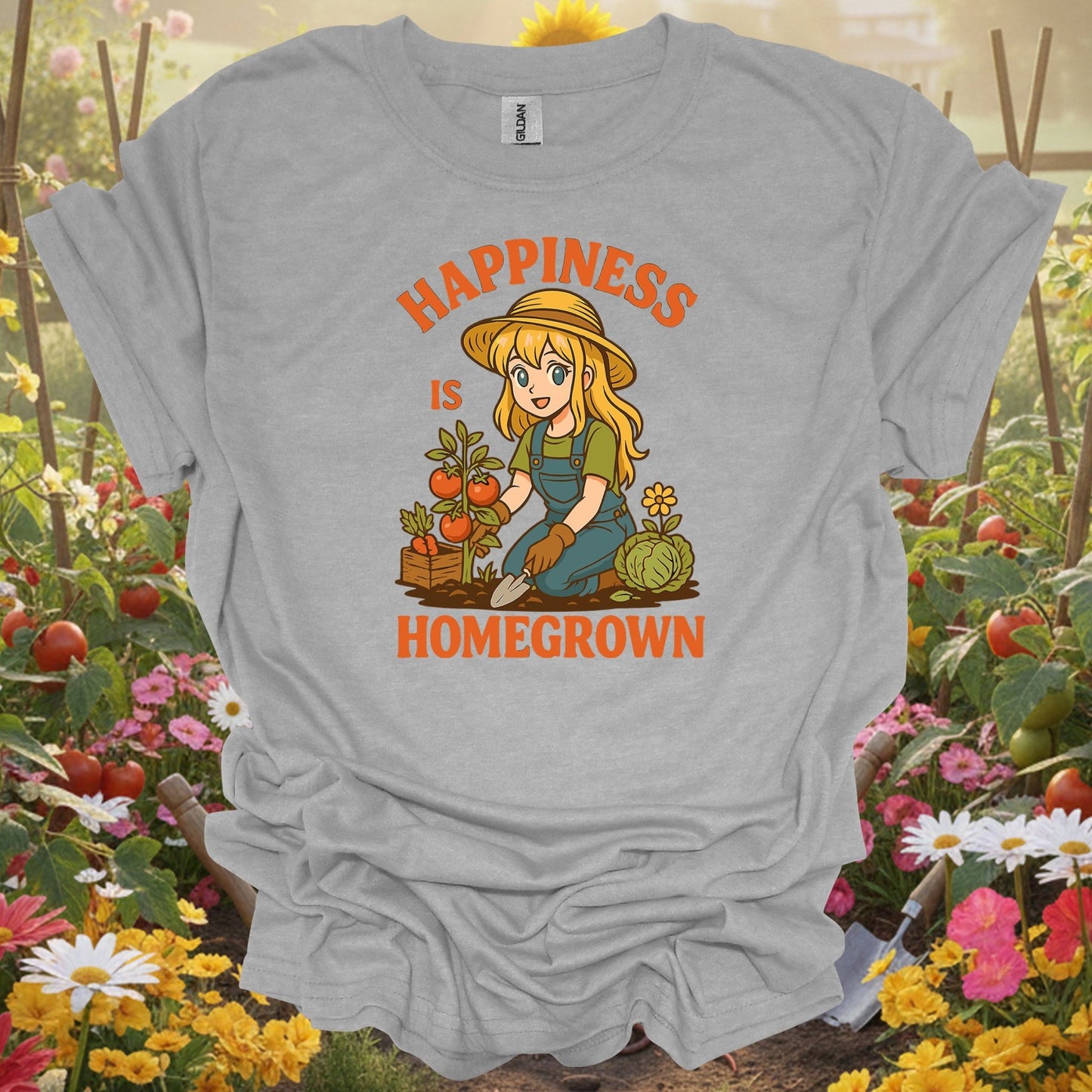 Sport Grey tee showing happiness is homegrown anime gardener for garden hobbyists