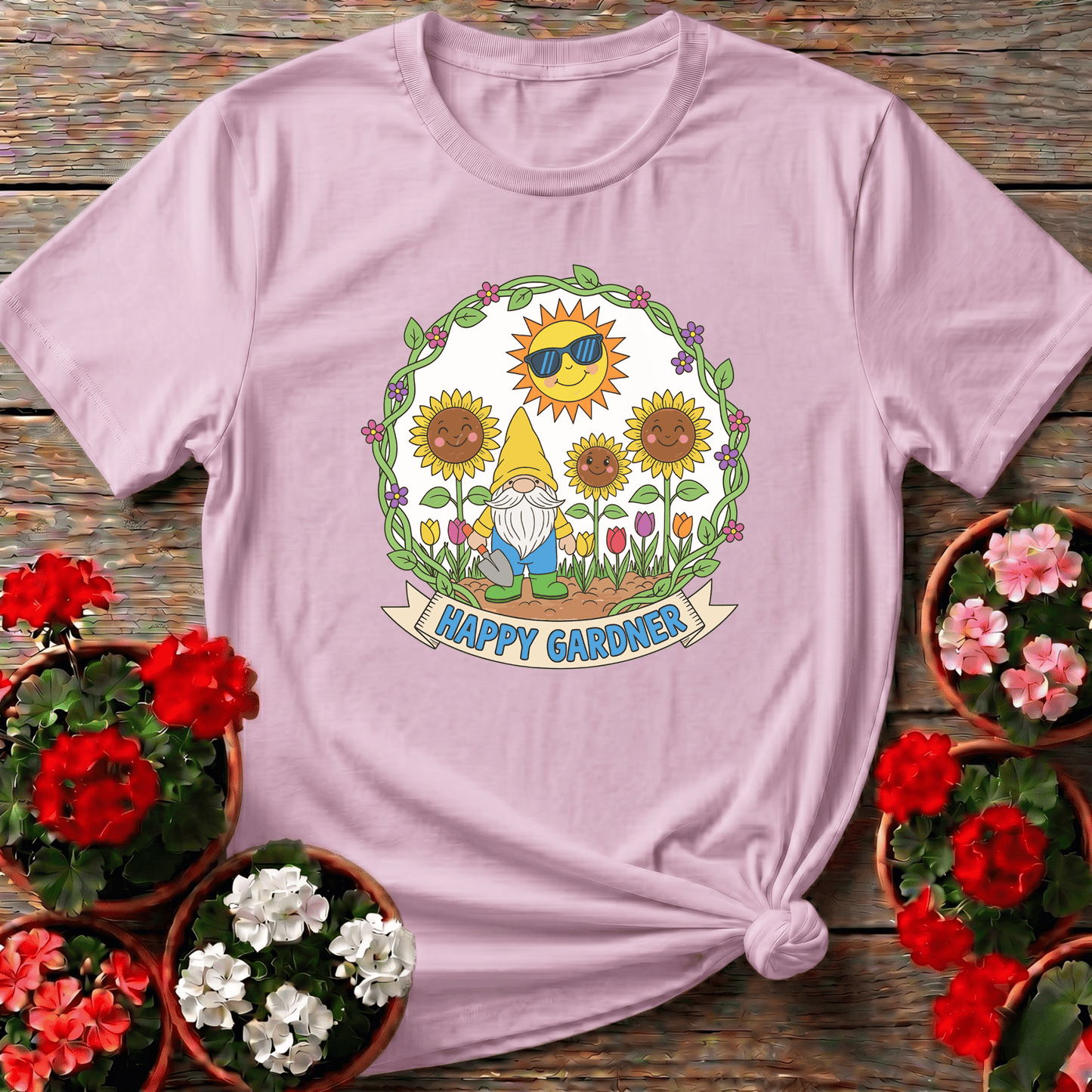 Happy Gardner Cute Gnome & Sunflower T-shirt - GardeningTshirts