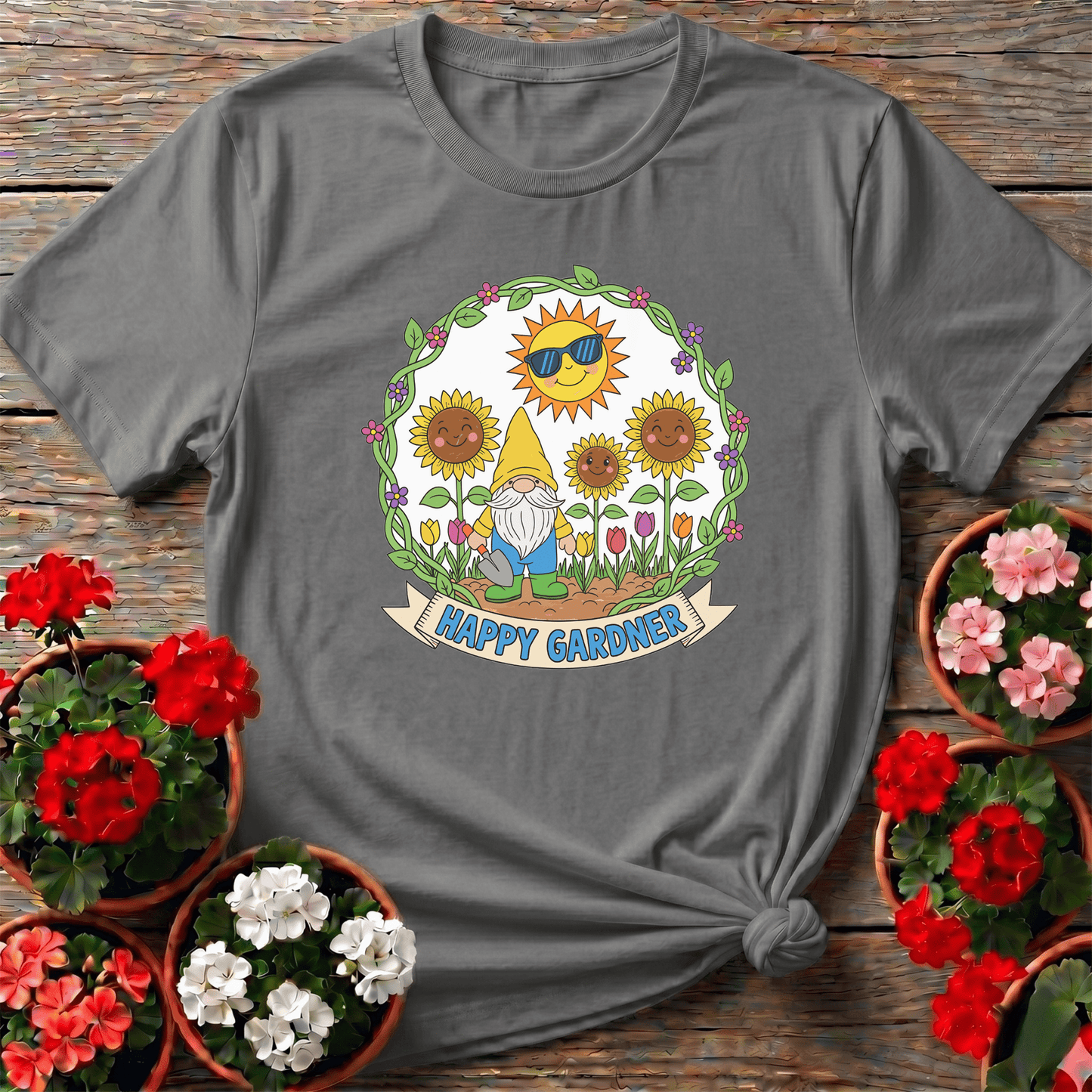 Happy Gardner Cute Gnome & Sunflower T-shirt - GardeningTshirts