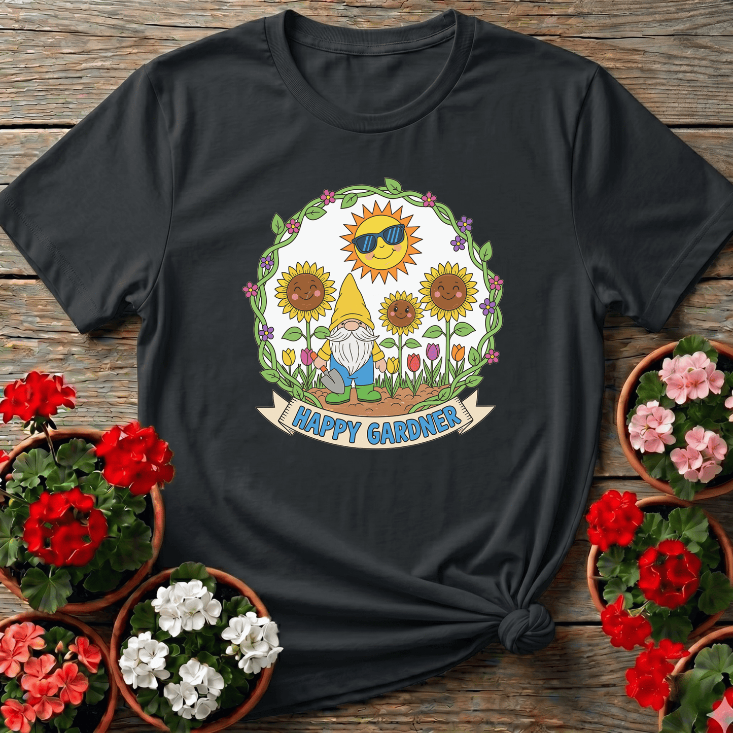 Happy Gardner Cute Gnome & Sunflower T-shirt - GardeningTshirts